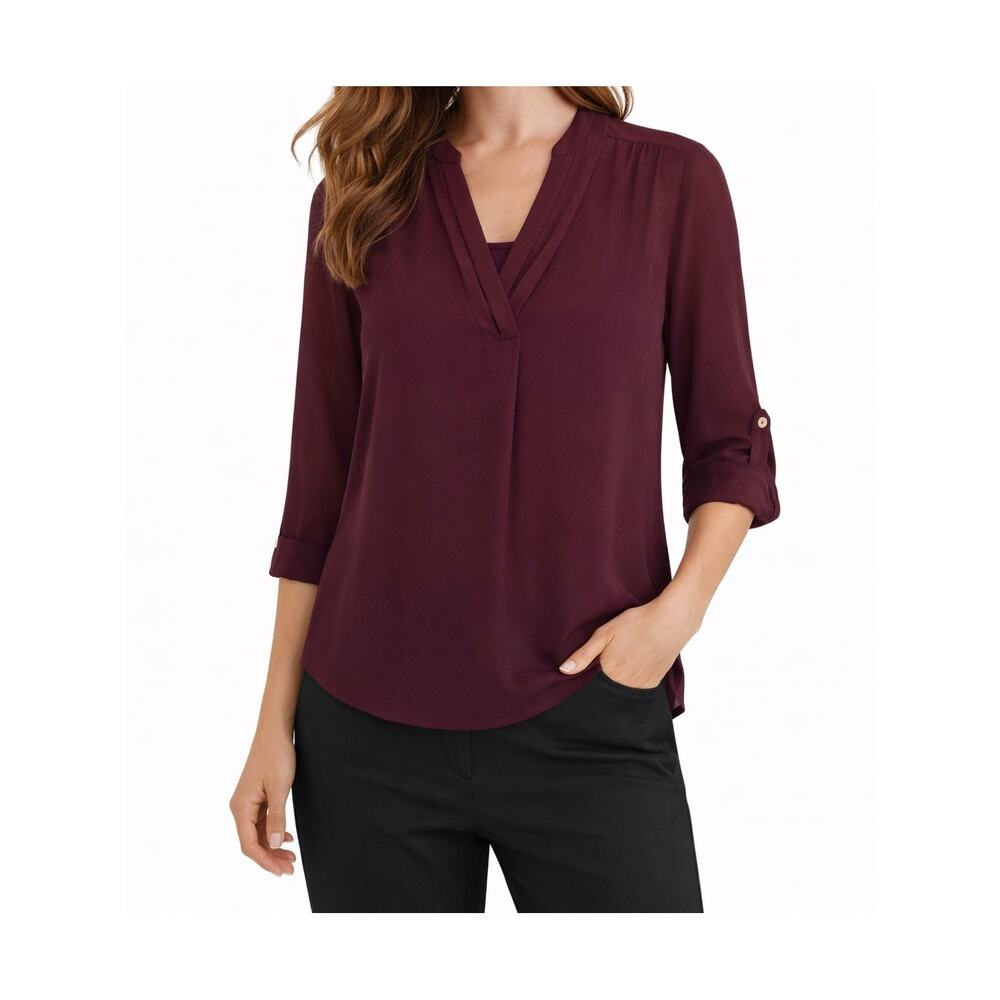 Timeson Burgundy V Neck Roll Tab Long Sleeve Tunic Blouse Workwear Size Large